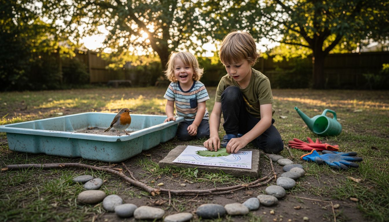 Siblings use nature props for outdoor game