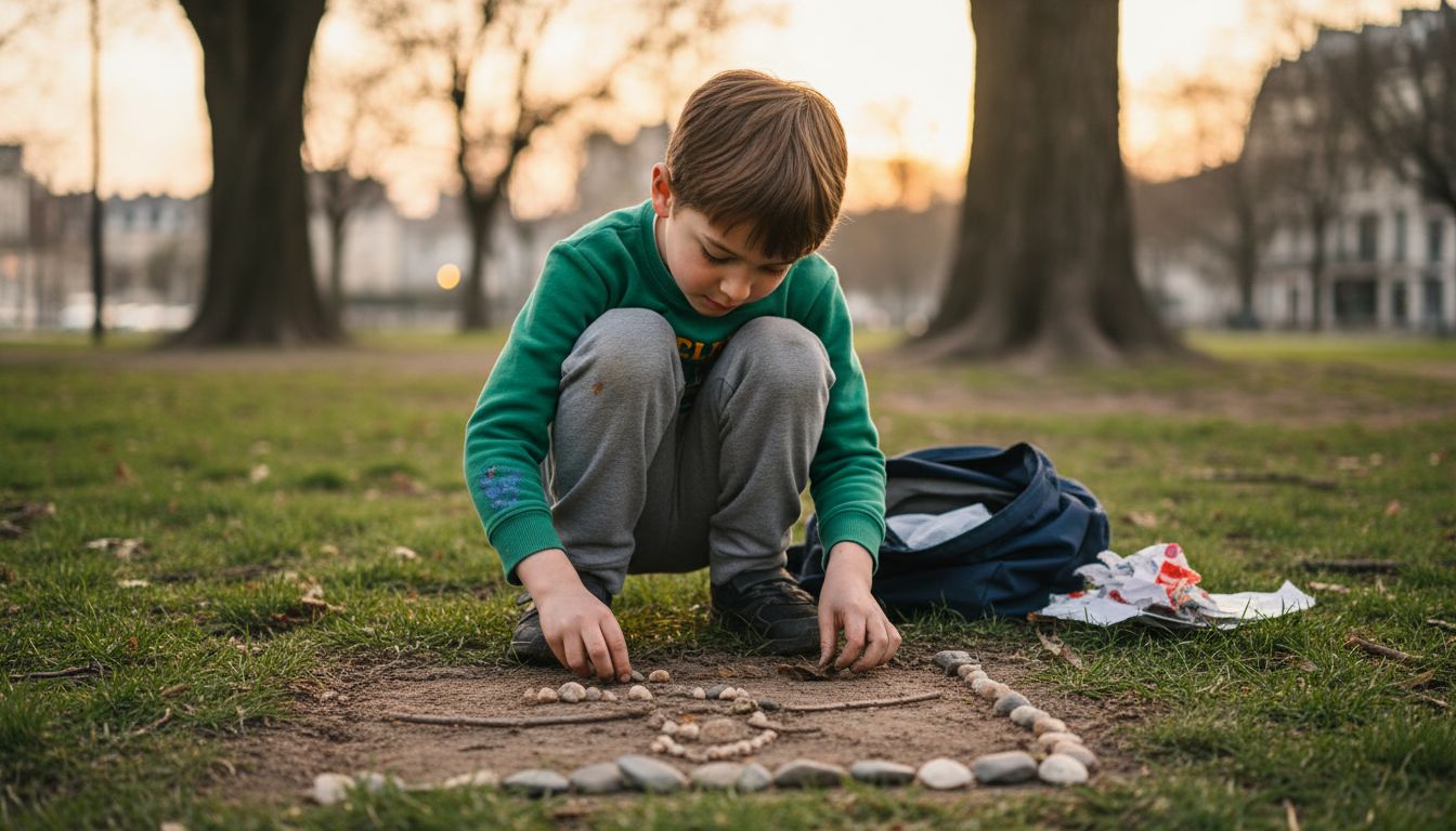 Un enfant s’amuse à créer une œuvre artistique avec des éléments trouvés dans la nature, en plein air.