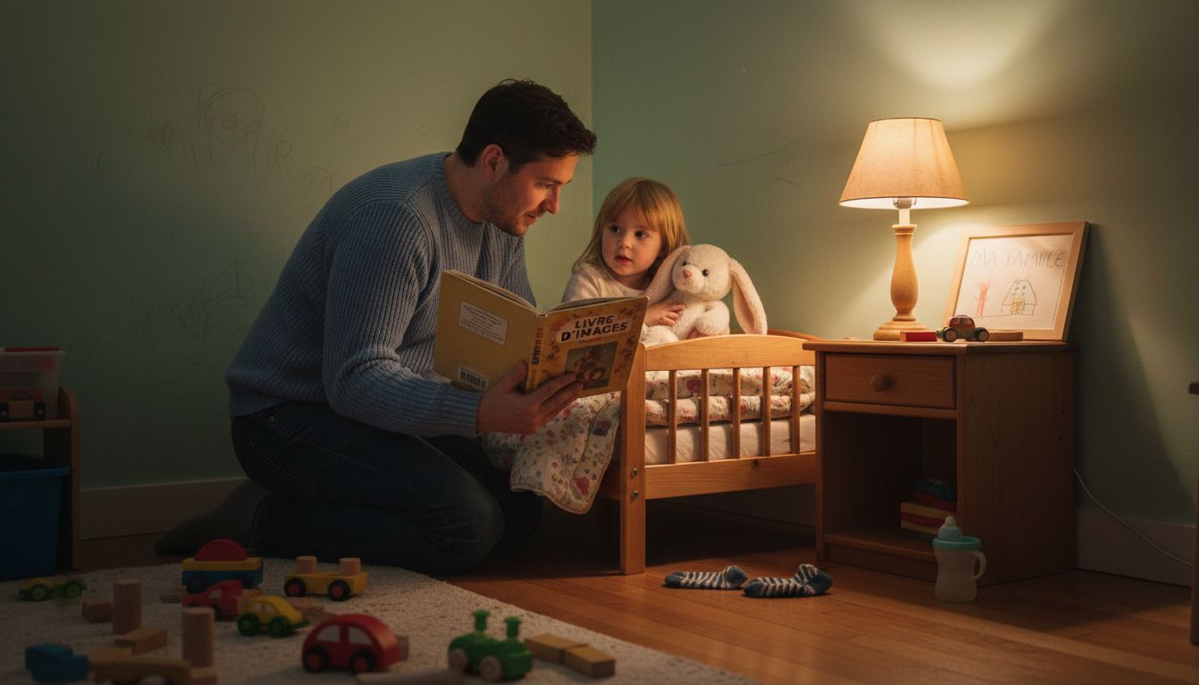 Un parent qui partage une histoire avec son enfant avant de l'endormir