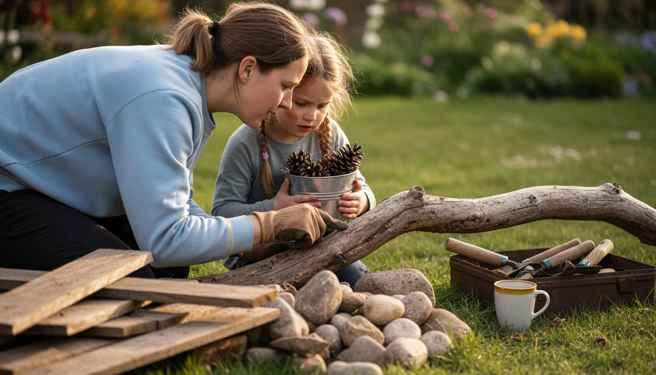 Family collecting eco-friendly play materials
