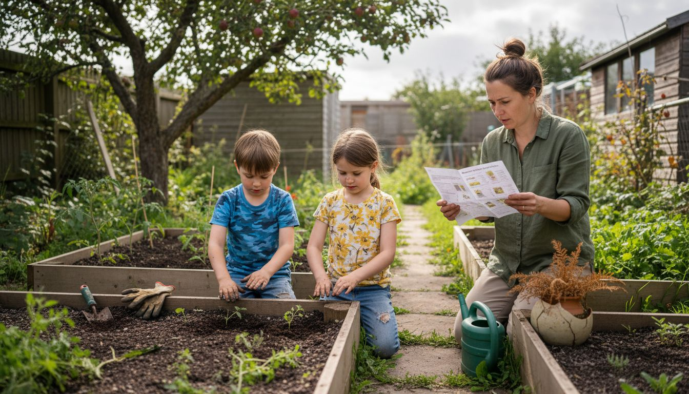 Children planting in small family garden