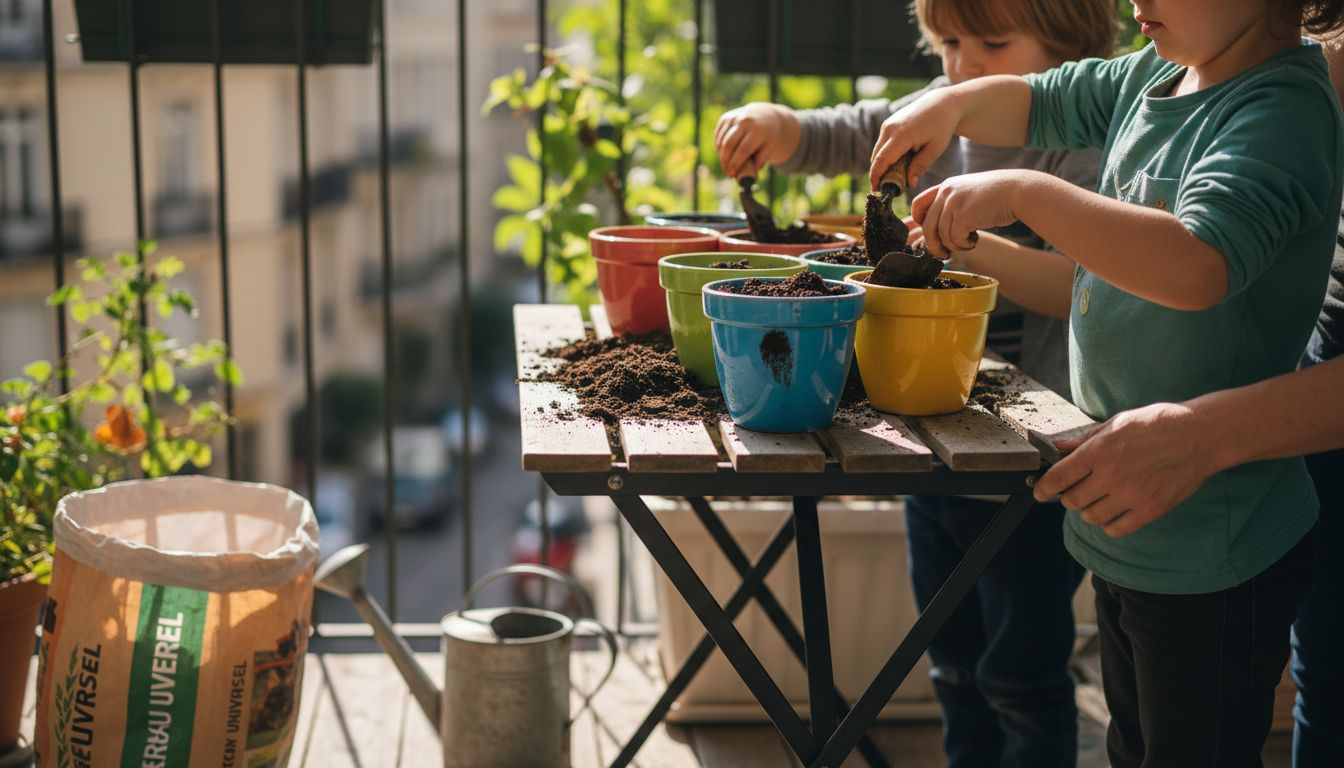 Des enfants préparent de la terre pour planter des herbes aromatiques.