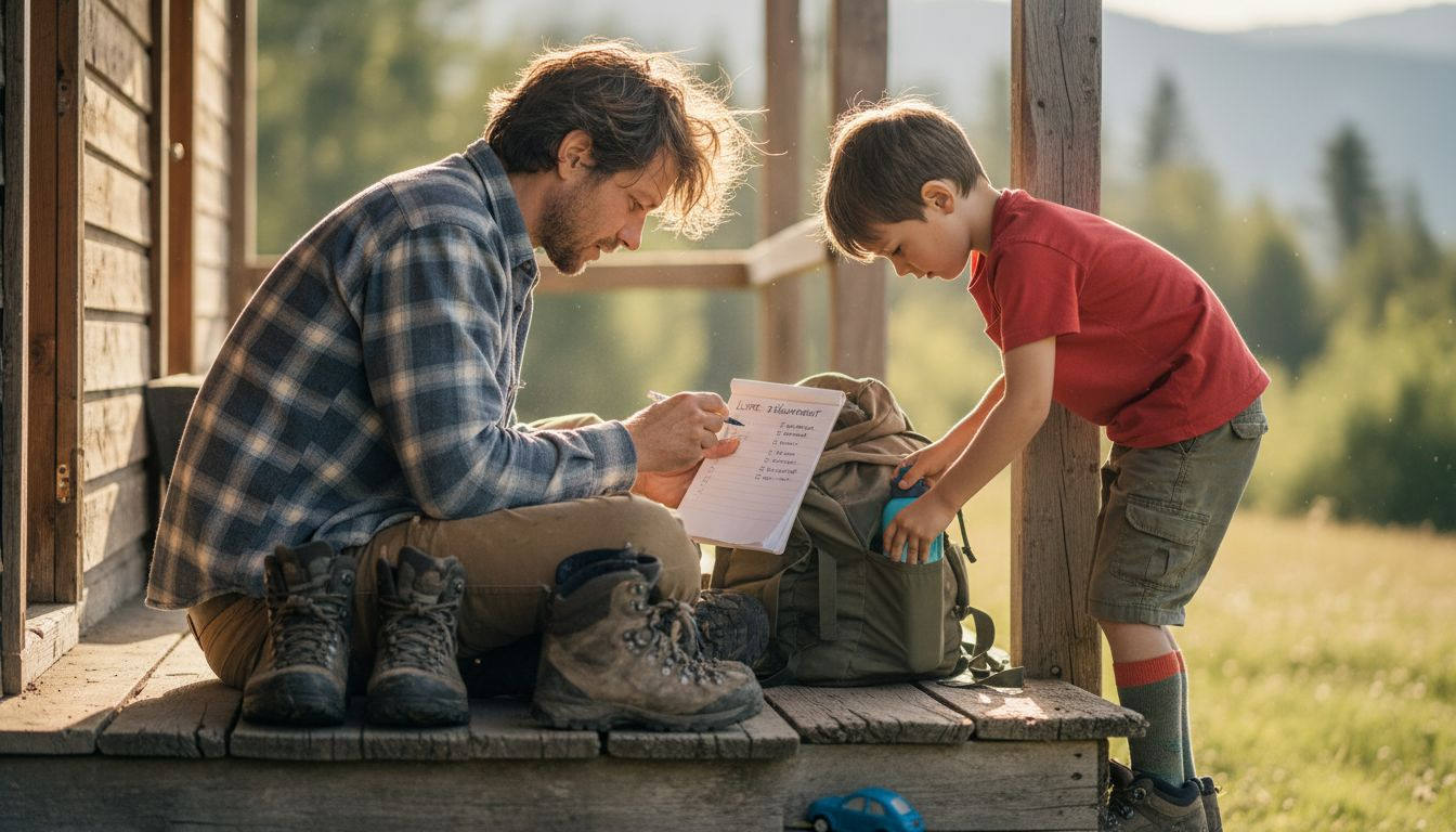 Un père et son fils préparent leurs affaires pour une sortie en plein air.