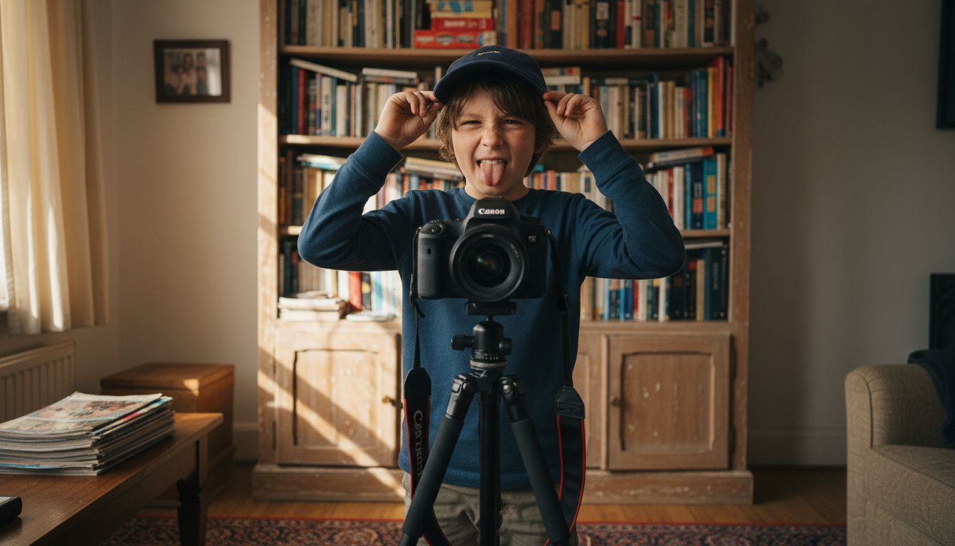 Child posing for self-portrait at home