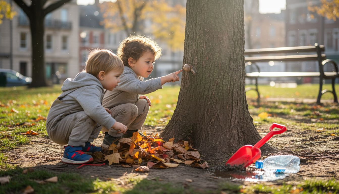 Des enfants partent à l’aventure autour d’un arbre, ramassant des feuilles tombées au sol pour les observer et les collectionner.