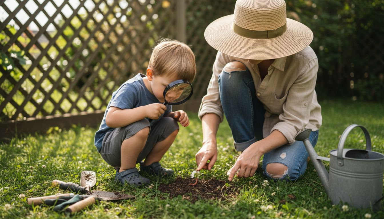Child and parent exploring backyard nature