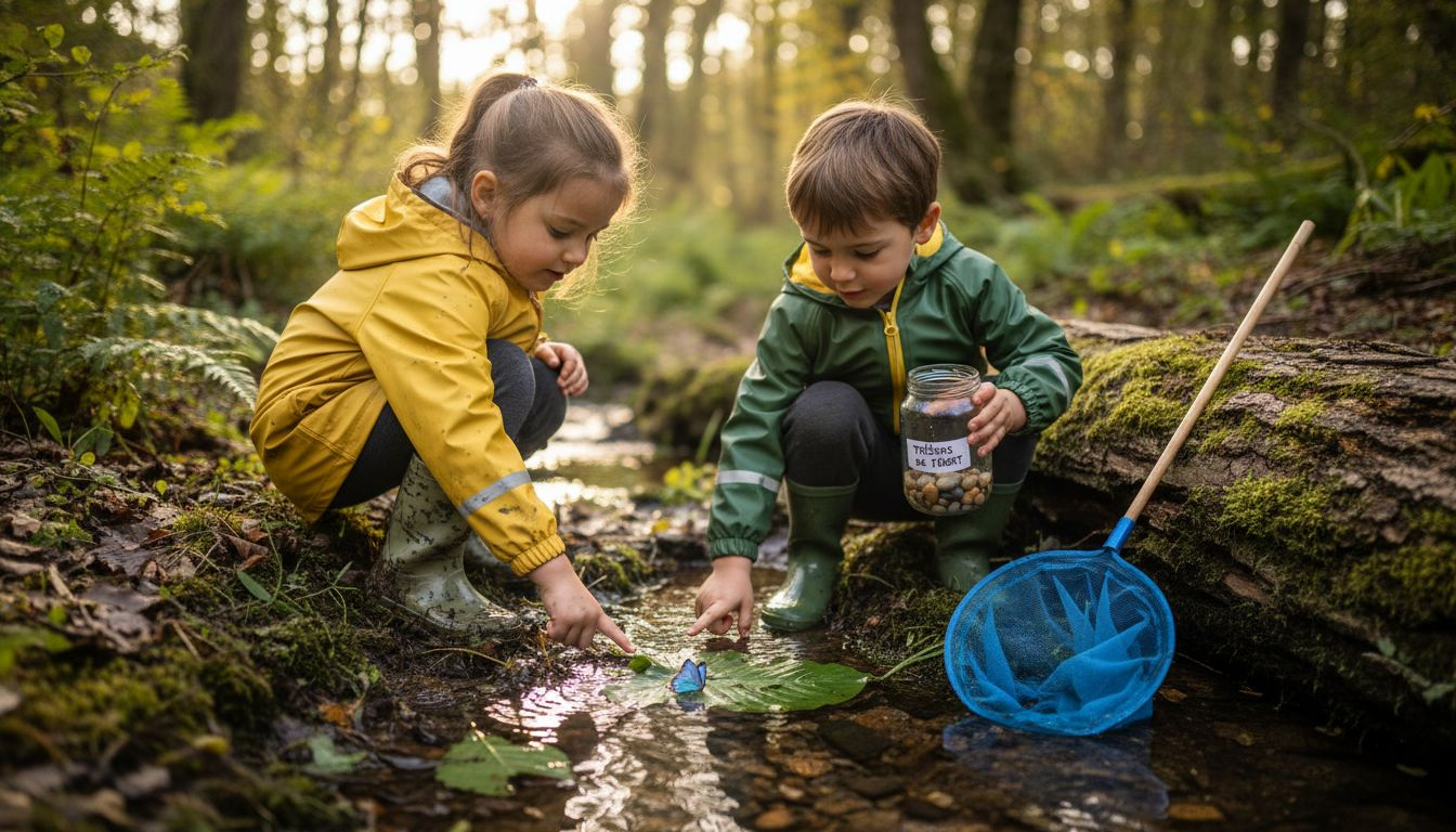 Des enfants partent à la découverte des petits trésors cachés au fil de l’eau et au cœur de la forêt.