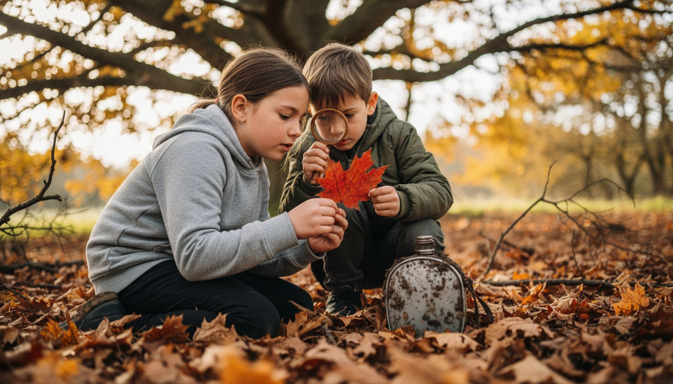 Des enfants partent à la découverte de la forêt, une loupe à la main, curieux de tout observer de près.