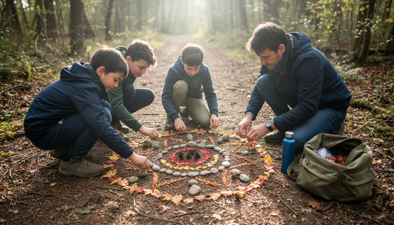 Une famille s’amuse à composer un mandala éphémère avec des éléments trouvés en pleine forêt.