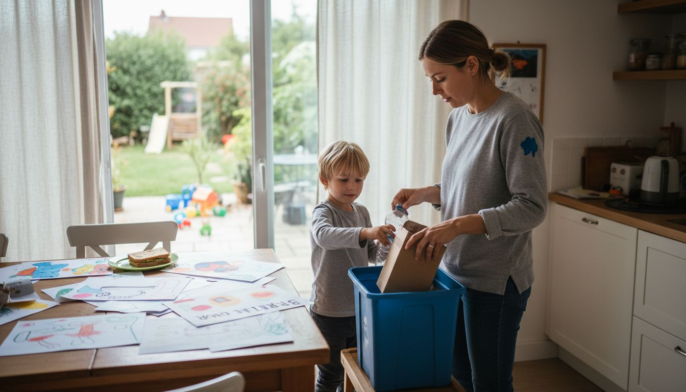 Une famille prend le temps de faire le tri des déchets dans la cuisine, chacun participant à la gestion du recyclage au quotidien.