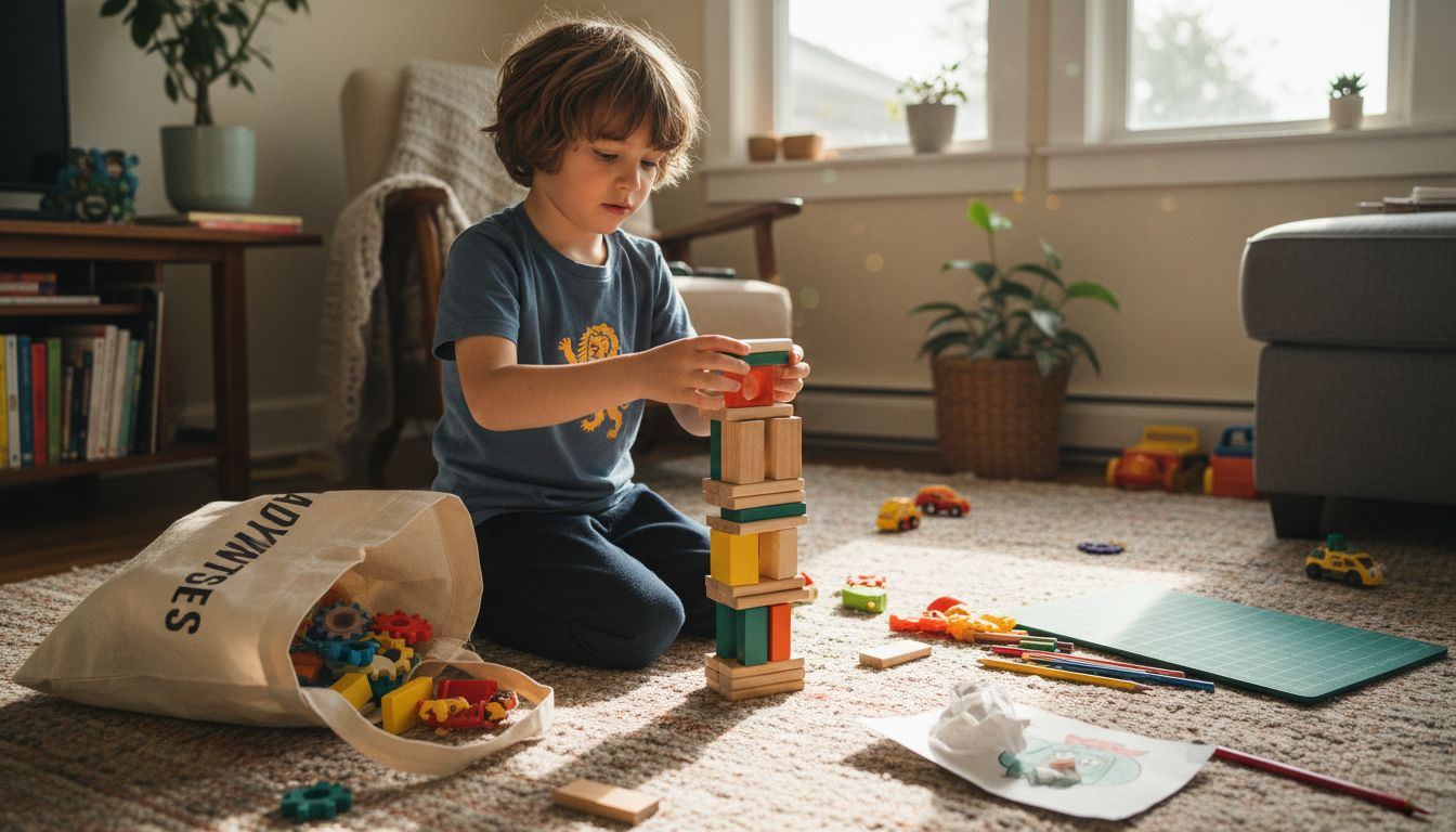 Child solving problem with wooden blocks