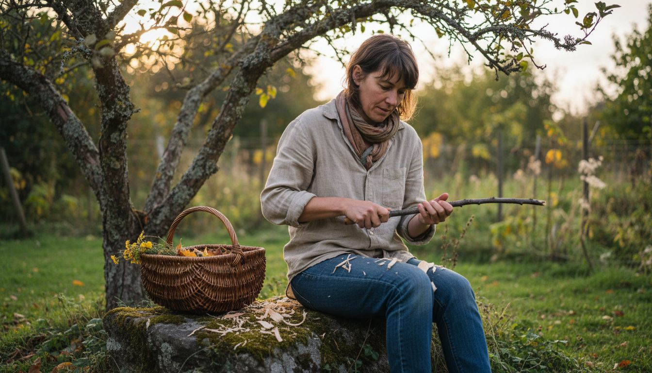 Un adulte façonne le bois dans son jardin, entouré par la nature.