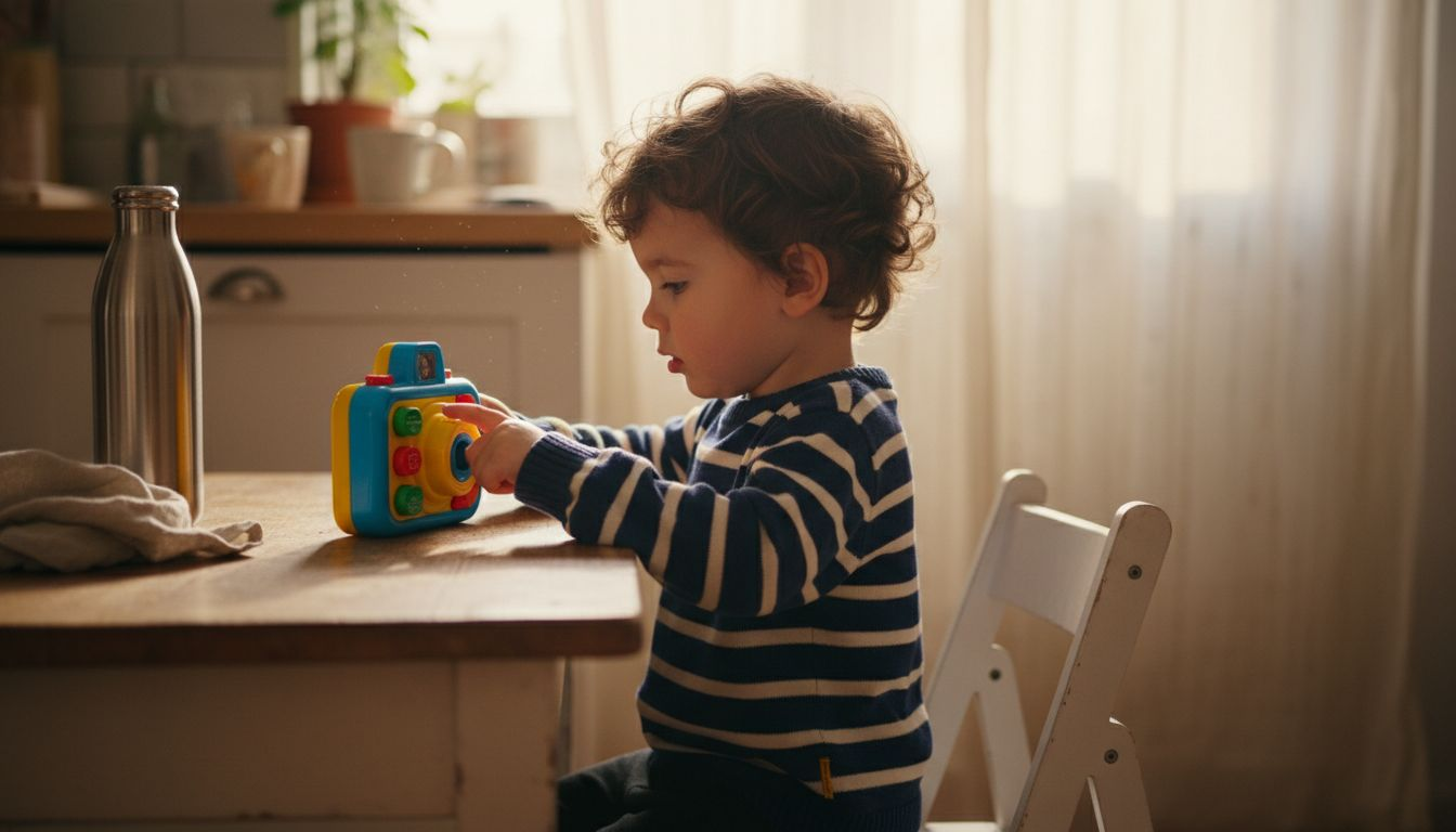Boy exploring kid safe camera at table