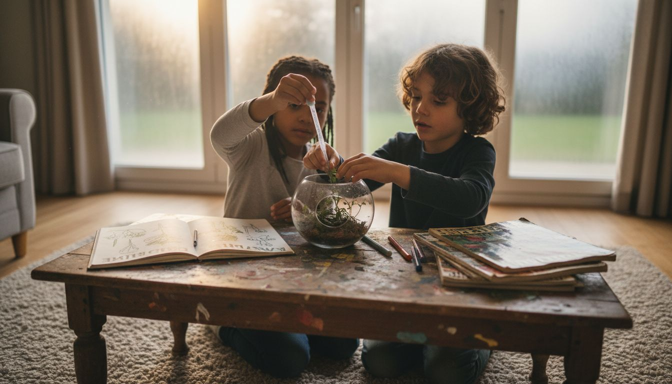 Des enfants curieux observent un terrarium et découvrent la vie d’un petit écosystème à la maison.