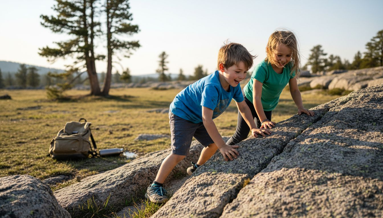 Des enfants s'amusent à grimper sur les rochers, tout près du bord de la forêt.