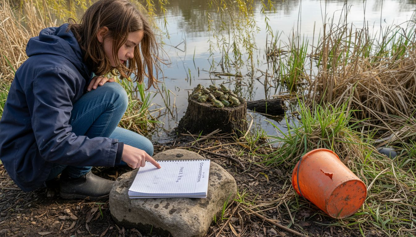 Une jeune fille s’aventure à la découverte des animaux qui peuplent les abords d’un étang.