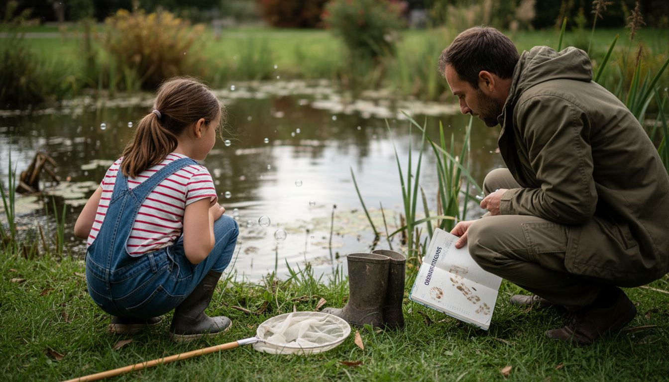 Un enfant contemple la faune et la flore au bord d’un étang, curieux de tout ce qui l’entoure.