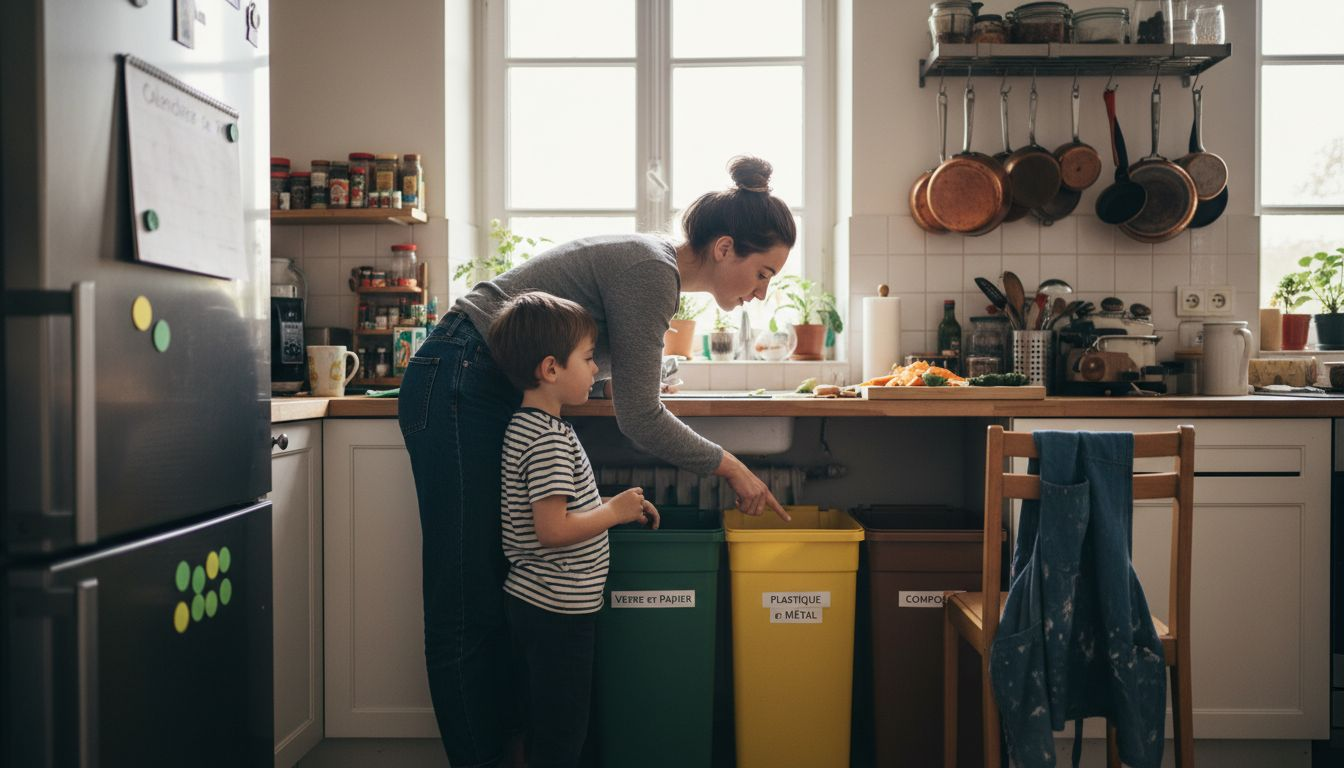 Une mère et son fils prennent le temps de trier les déchets de la cuisine ensemble.