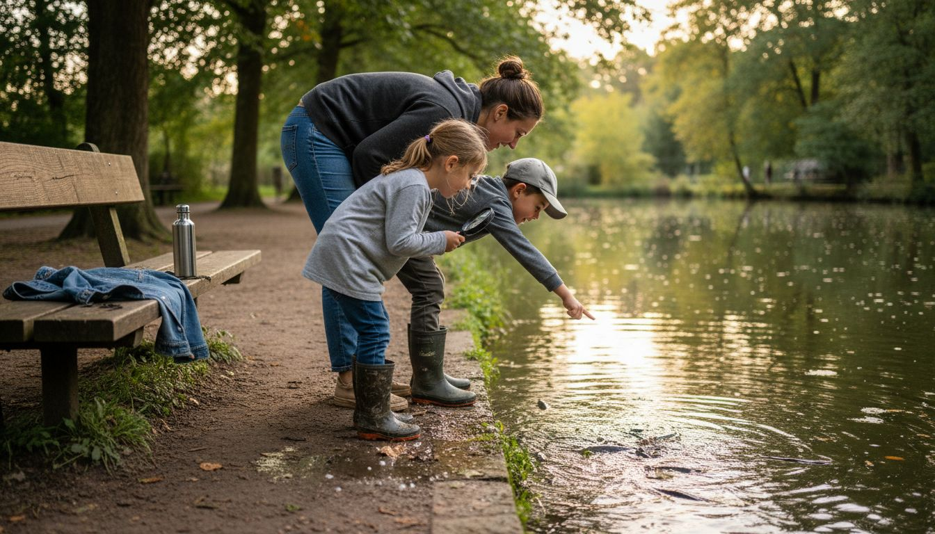 Une famille profite d’une balade pour observer la faune et la flore aquatiques autour d’un étang.