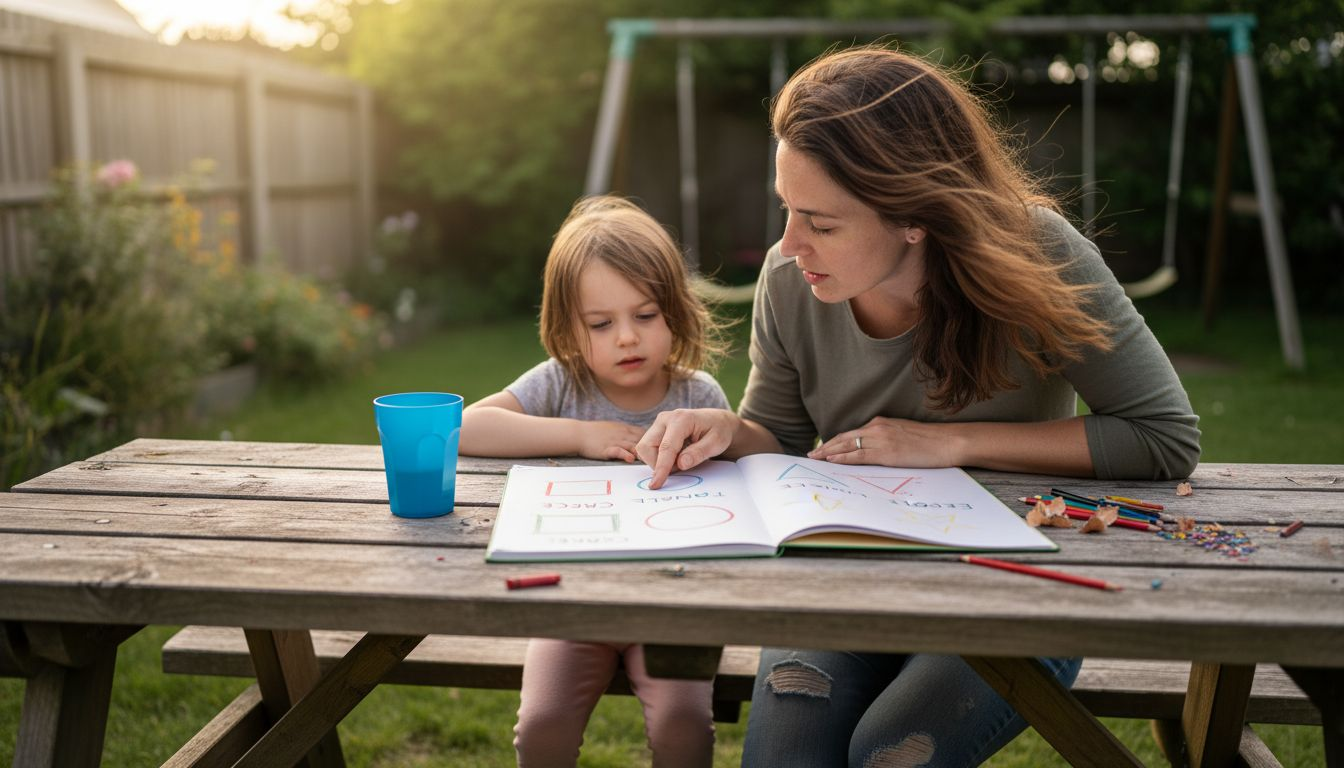 Un parent accompagne son enfant dans l'apprentissage du dessin en lui montrant comment tracer des formes simples.