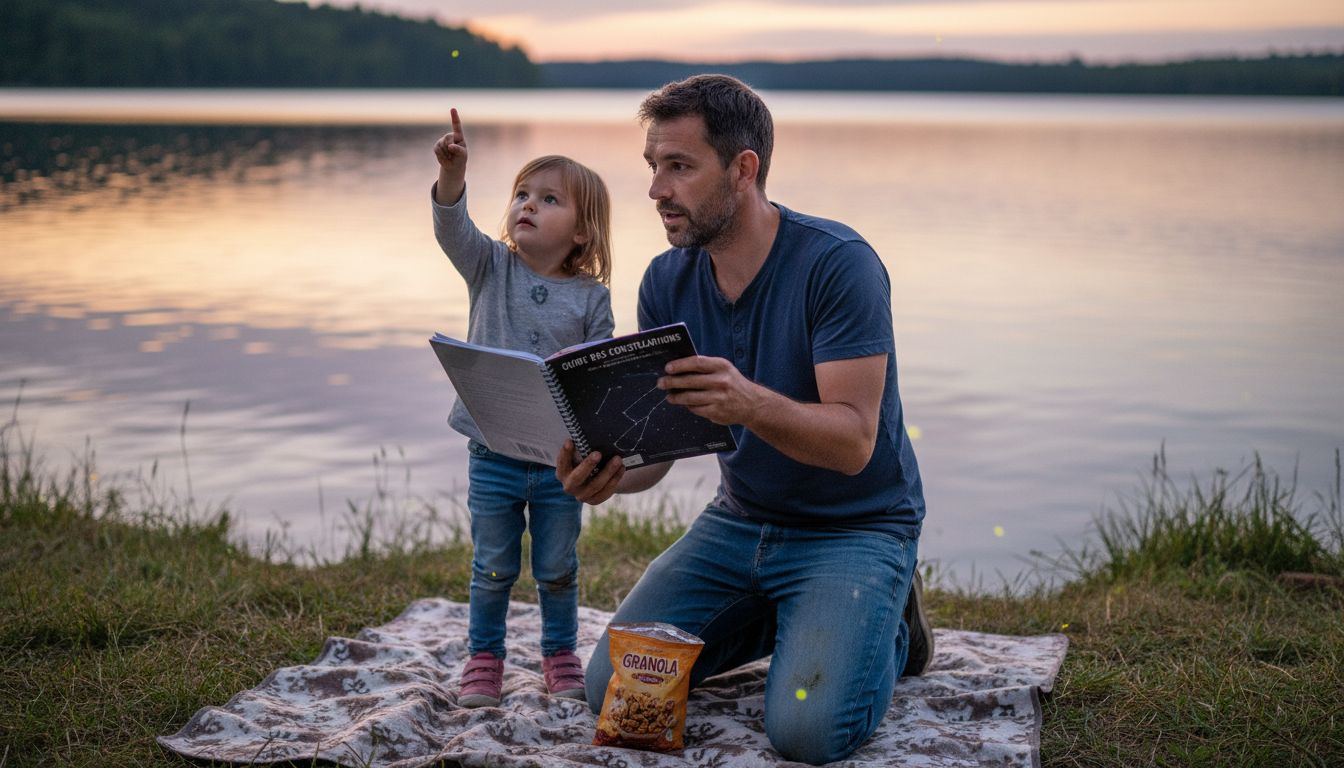 Un parent montre à son enfant les étoiles et lui apprend à reconnaître les constellations pendant une soirée à la belle étoile.
