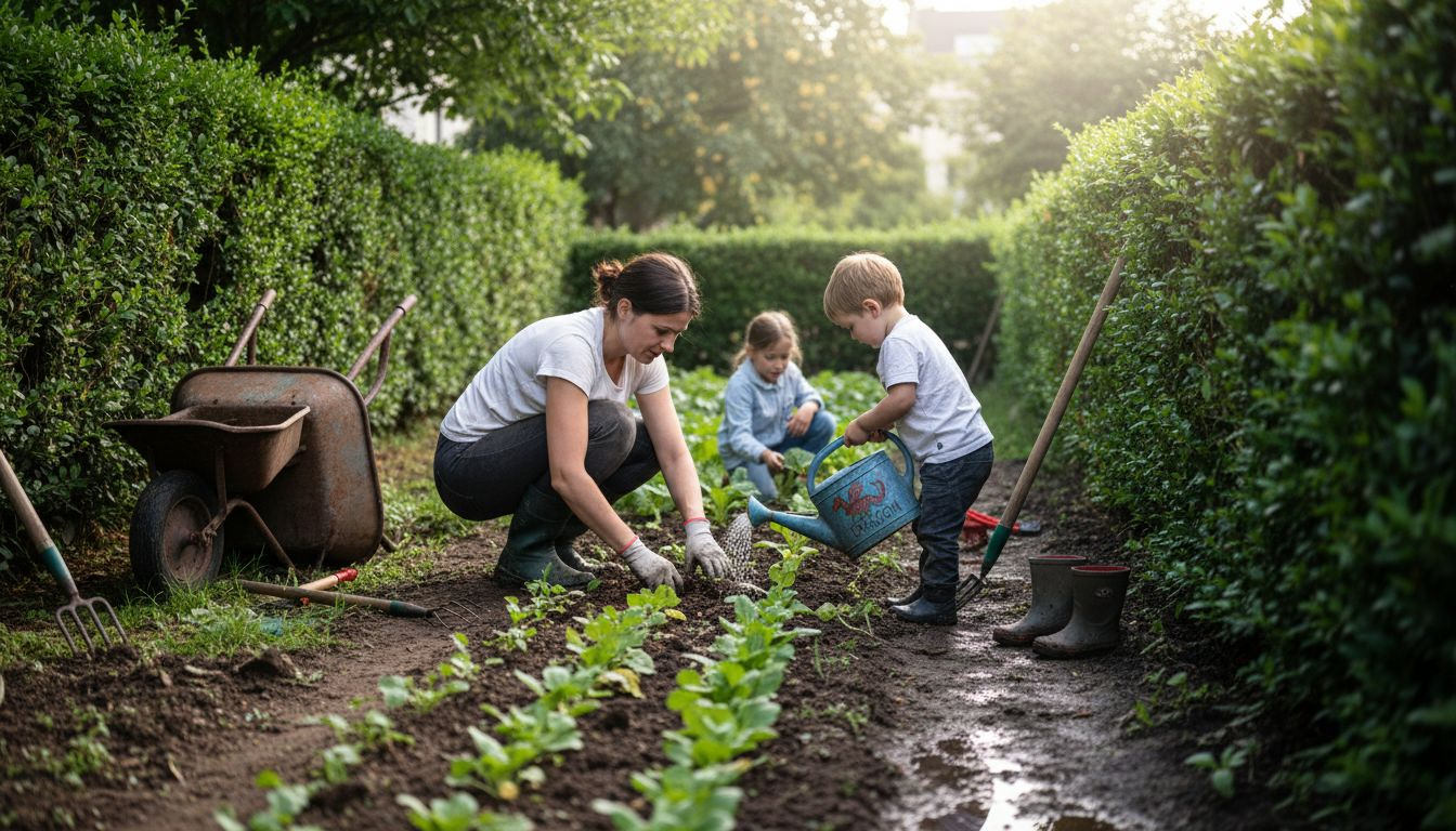 Toute la famille profite d’un moment ensemble pour s’occuper du jardin.