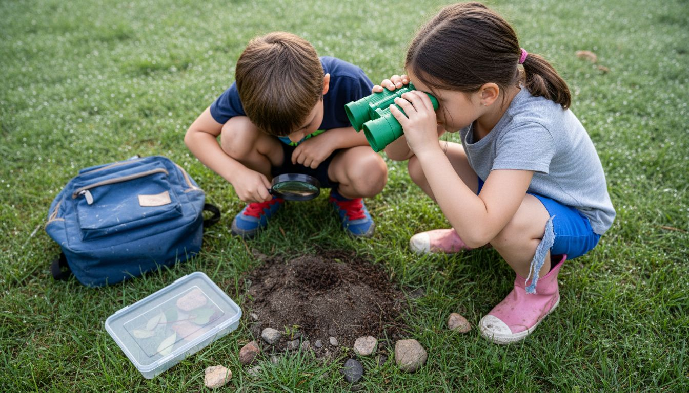 Des enfants observent la nature avec des jumelles et une loupe