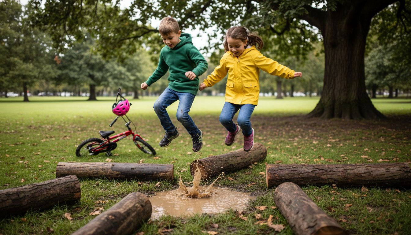 Des enfants s’amusent à courir et à sauter en plein air, profitant de la nature.