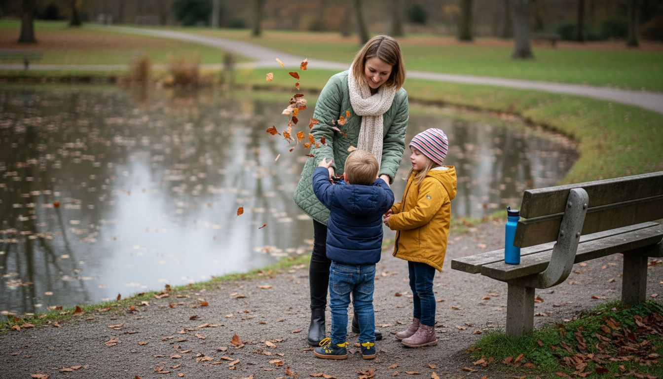 Family performing autumn nature ritual by pond