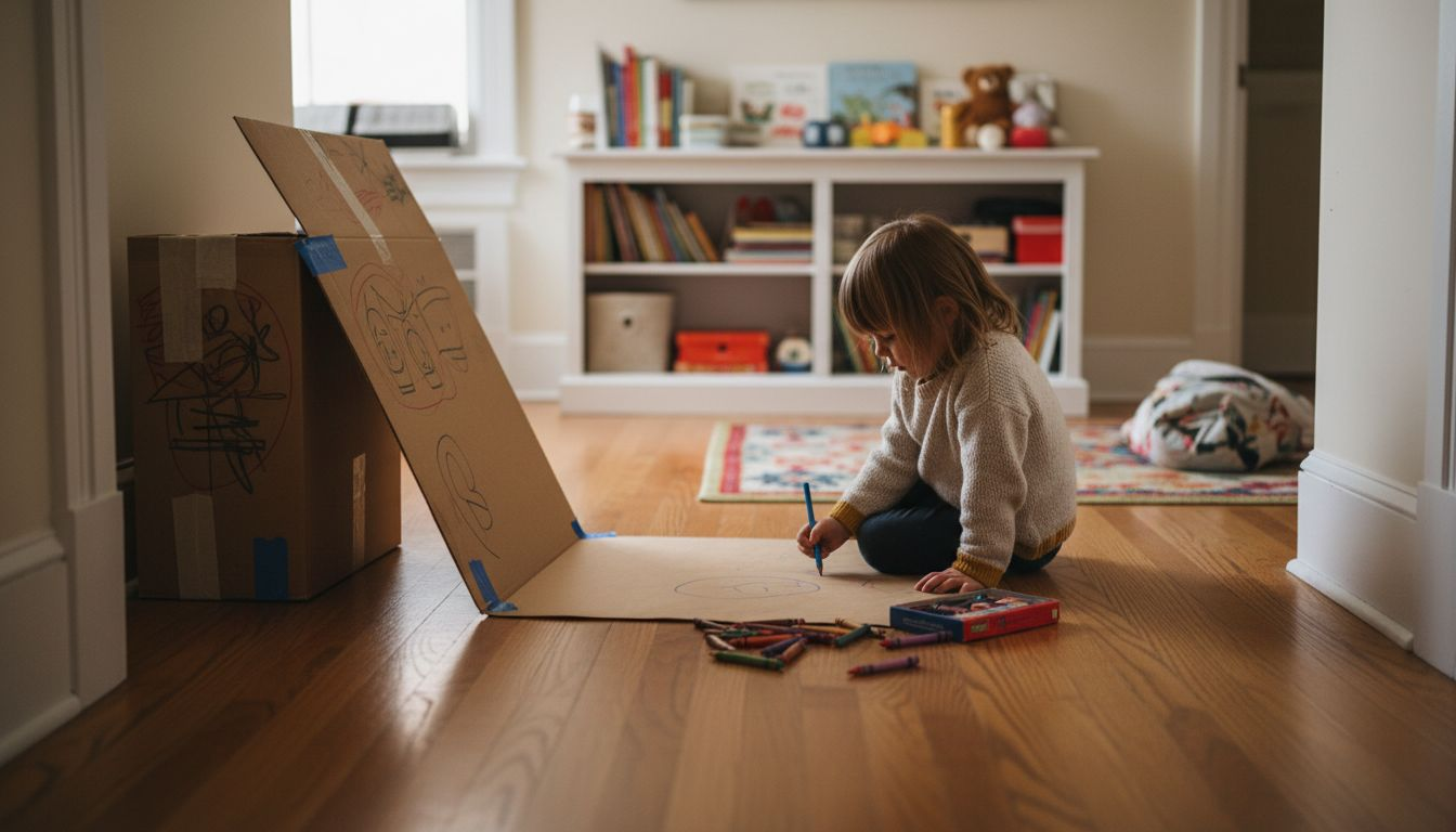 Child drawing indoors with creative clutter