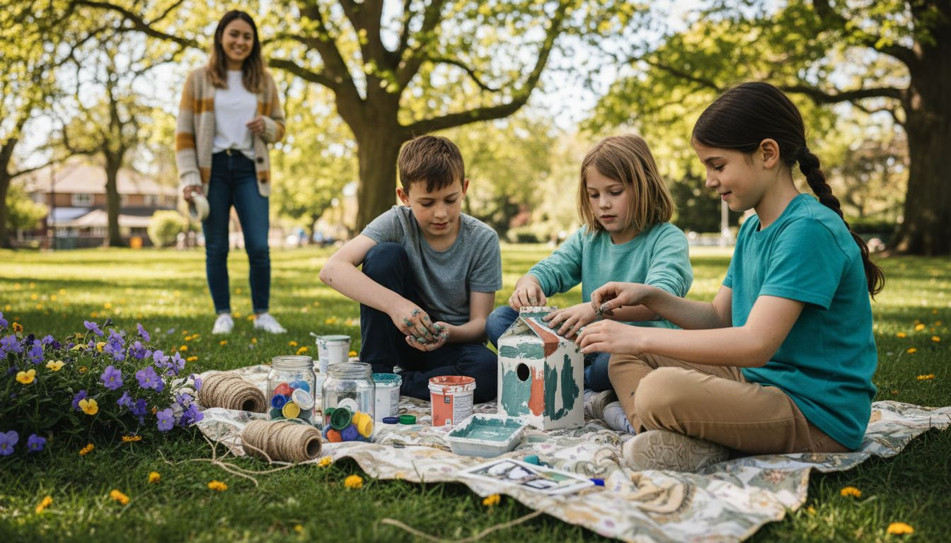 Children crafting reused materials outdoors