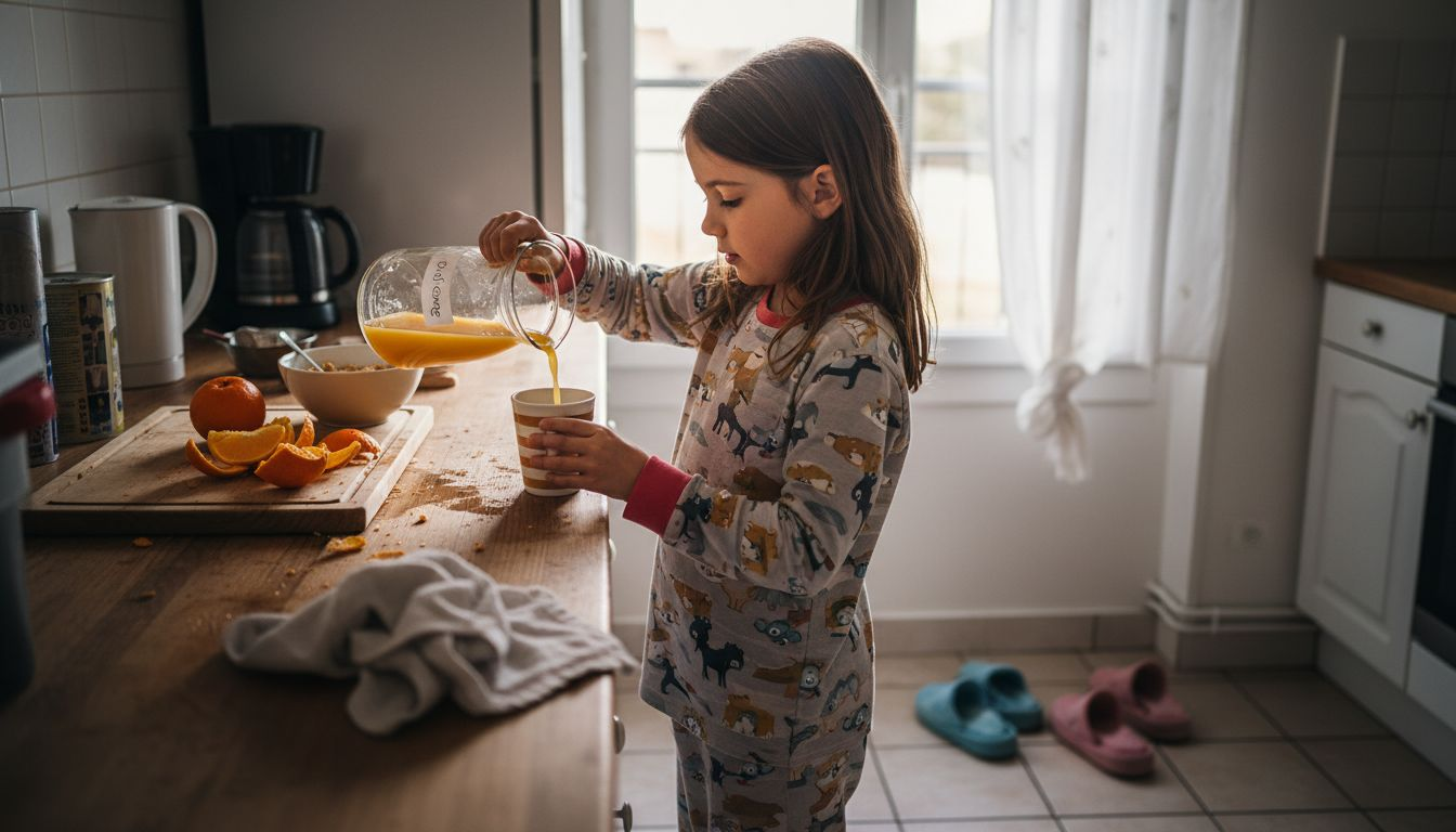 Un enfant sert lui-même son verre de jus