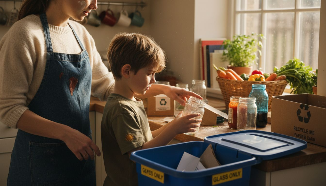 Parent and child sorting kitchen recycling