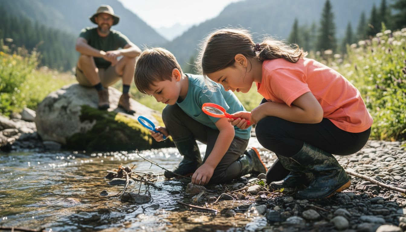 Des enfants partent à l’aventure le long d’un cours d’eau, en pleine nature.