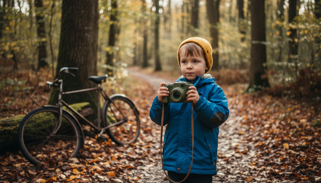 Child using rugged camera on forest trail