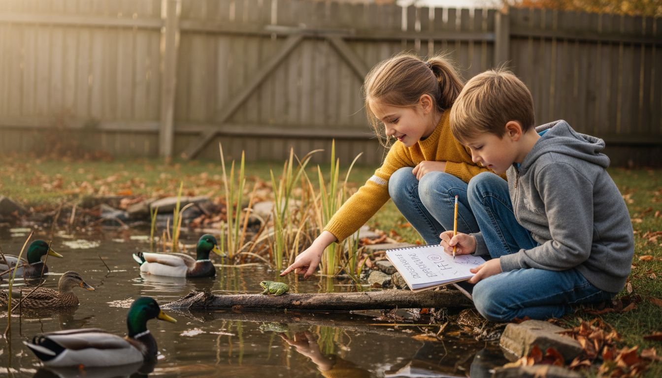 Children observing pond wildlife for change