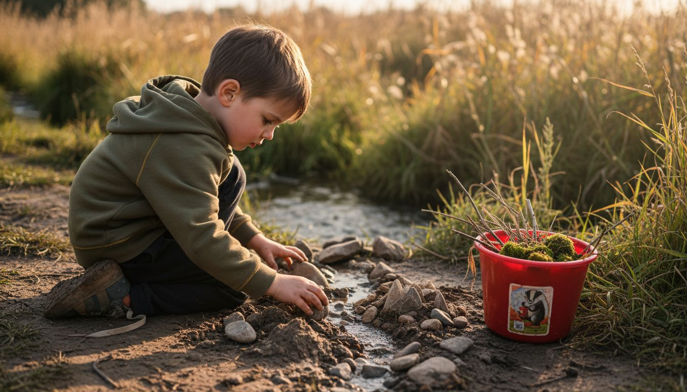 Child building landform beside creek