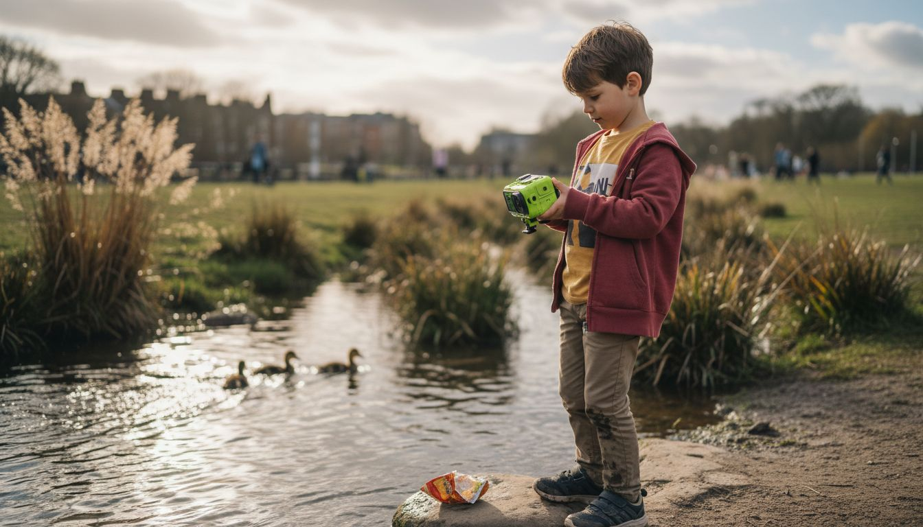 Older child with waterproof camera near creek