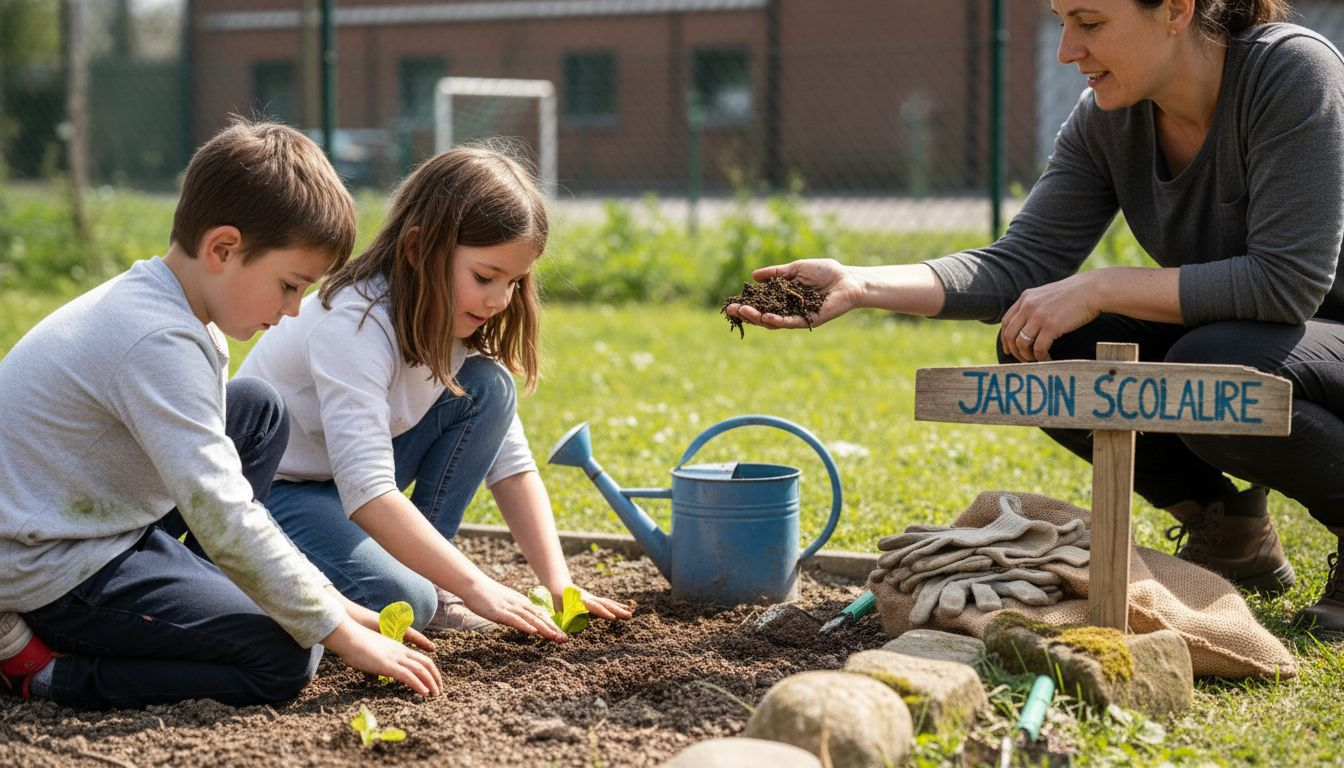 Des enfants découvrent le plaisir de jardiner dans un espace pédagogique, où ils apprennent à semer, planter et observer la nature de près.