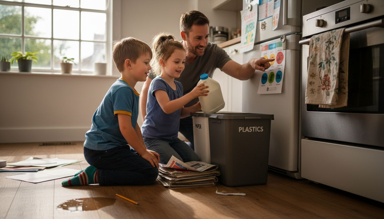Children sorting recyclables with parent in kitchen