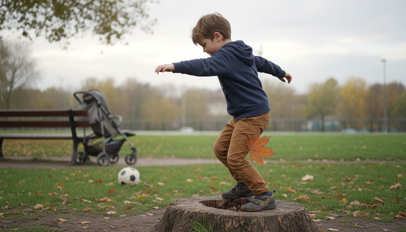 Un jeune garçon joue à garder l’équilibre sur une vieille souche d’arbre au cœur d’un parc en ville.