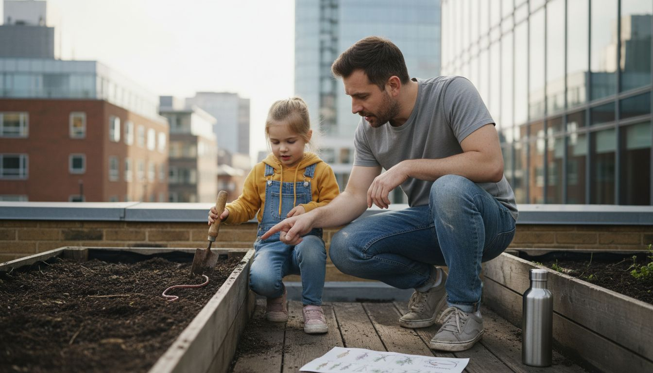 Parent and child gardening on city rooftop