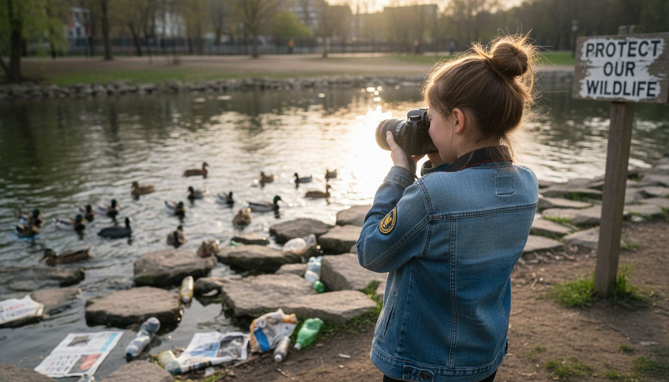 Child photographing ducks near littered lake