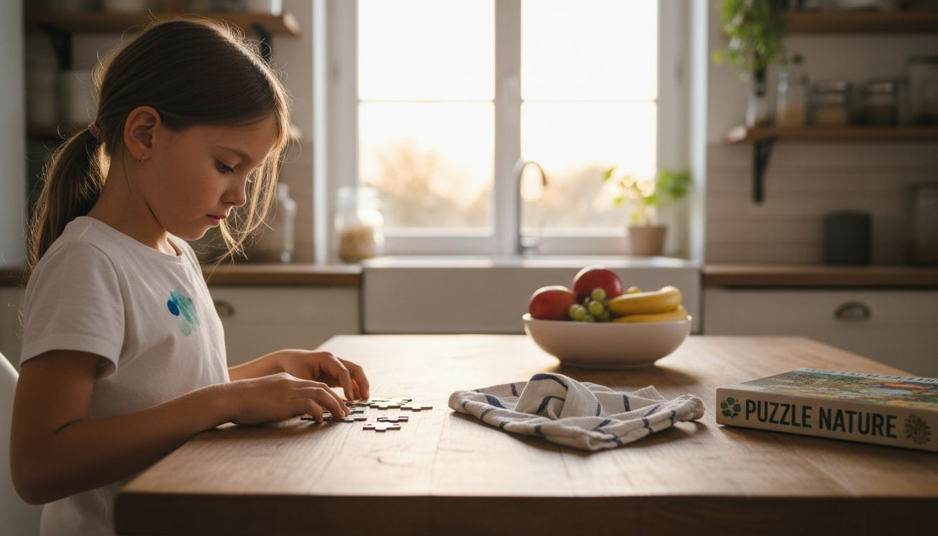 Une petite fille s’amuse avec un puzzle en bois écologique sur la table de la cuisine.