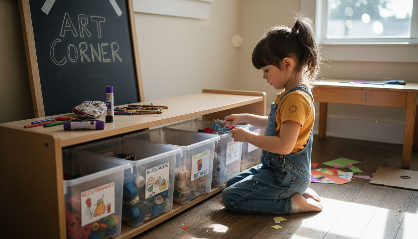 Child organizing workspace for collage art