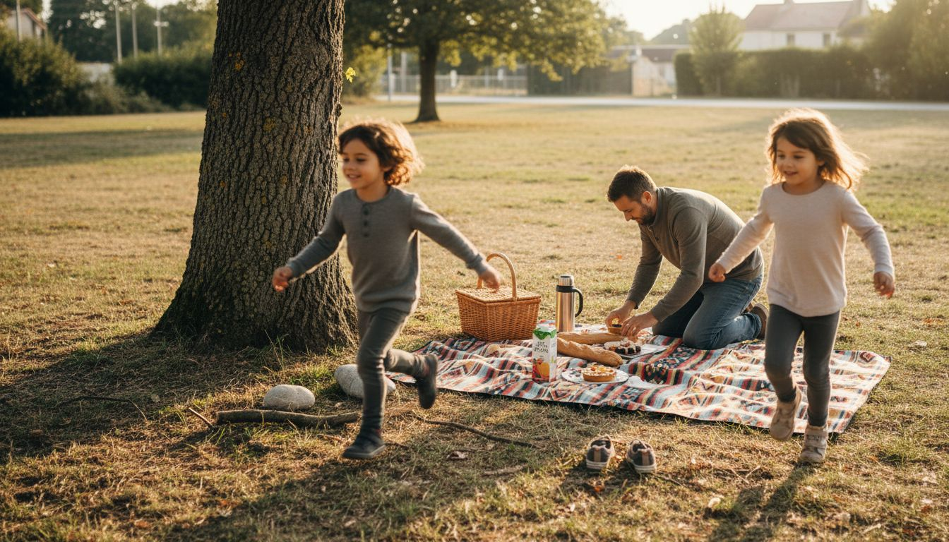 Tandis que leur père prépare le goûter, les enfants s’amusent à l’ombre d’un grand arbre.