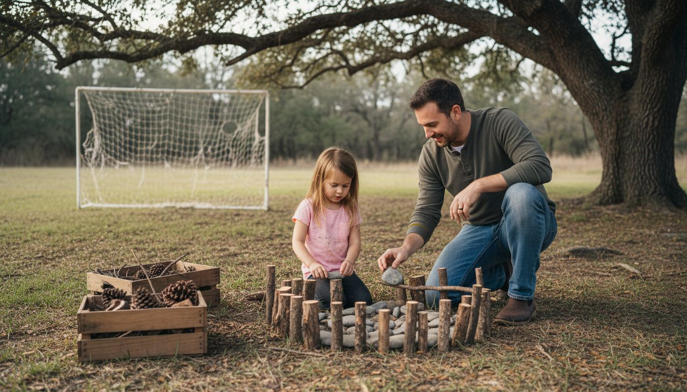Parent and child create backyard play zone