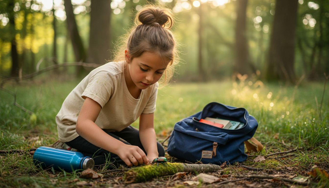 Un enfant curieux en train d'explorer la forêt, captivé par un insecte qu'il observe attentivement.