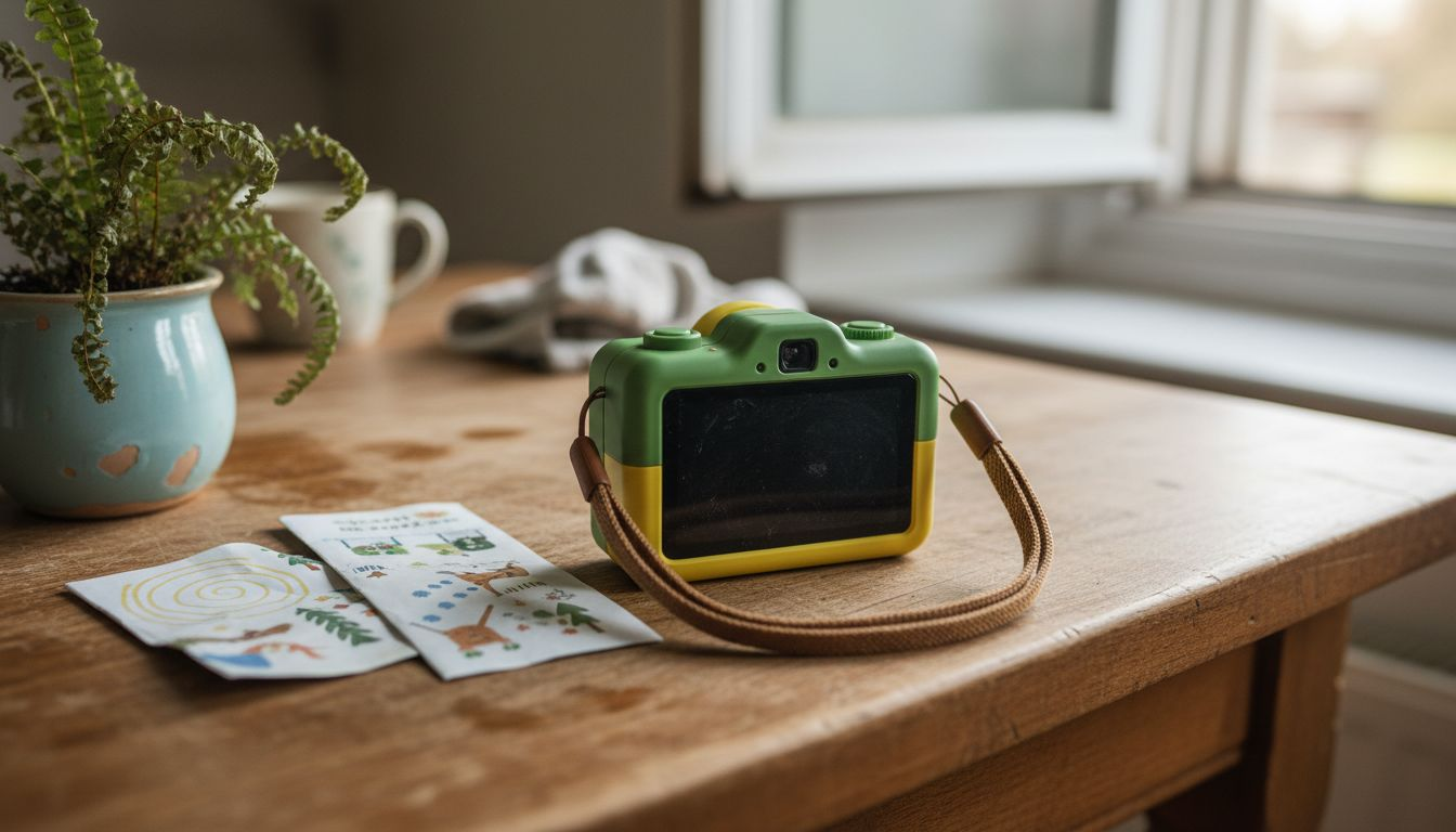 Eco-friendly toy camera on table with props