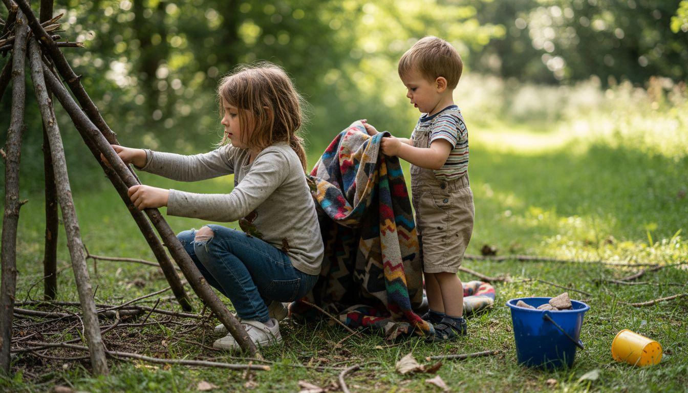 Des enfants s’amusent à fabriquer une petite cabane au bord de la forêt.